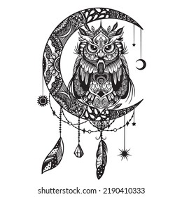 Owl and moon. Hand drawn sketch illustration for adult coloring book
