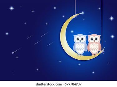 Owl and moon at night sky with comet and star background, paper art, paper cut style