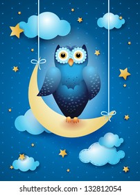 Owl and moon, nocturnal sky. Vector illustration