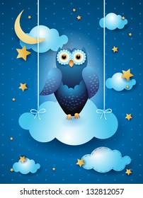 Owl and moon, nocturnal sky. Vector illustration