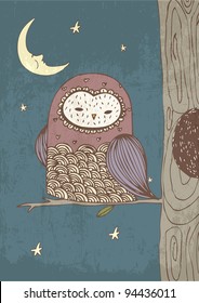 owl with moon and stars illustration/vector