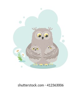 Owl mother hugging two owl chicks on a summer meadow with grass and daisy flowers around, single composition in a light blue frame on a white background. Vector illustration.