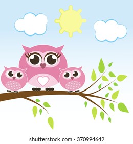 owl mother with two children-twins on a branch vector