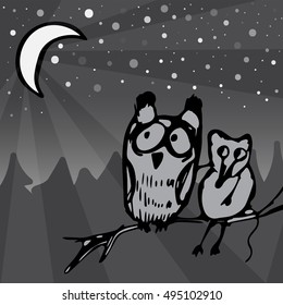 Owl and Mouse sitting on a tree branch dreaming and look at the moon. Hand drawn black and white picture