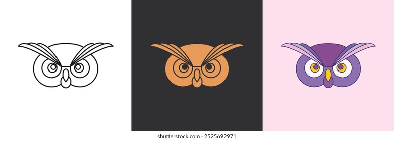 Owl mystic icon set. Black and colorful geometric vector logo template