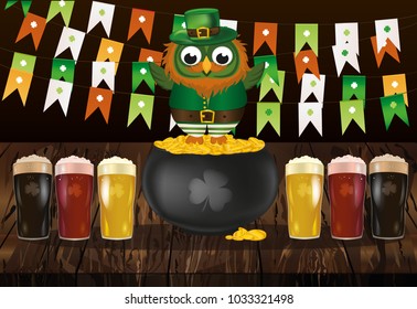 An owl in a national costume for a patrician's day stands on a pot of gold with a garland of flags. Celebration of beer. Greeting card for the holiday with copy  space for text or ad. Invitation