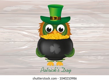 An owl in a national costume for a patrician's day holds a pot of gold. Greeting card for the holiday with a blank space for text or advertising. Invitation. Vector on wooden background.