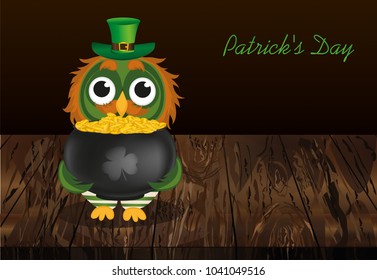 An owl in a national costume for a patrician's day holds a pot of gold. Greeting card for the holiday with a blank space for text or advertising. Invitation. Vector on wooden background.