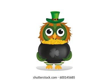 An owl in a national costume for a patrician's day holds a pot of gold. Greeting card for the holiday with a blank space for text or advertising. Invitation. Vector