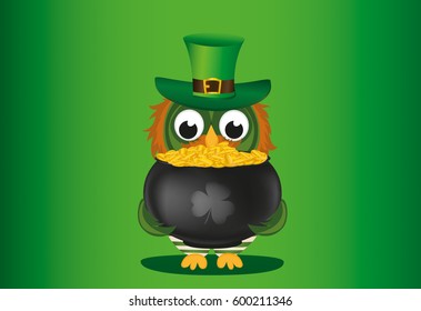An owl in a national costume for a patrician's day holds a pot of gold. Greeting card for the holiday with a blank space for text or advertising. Invitation. Vector