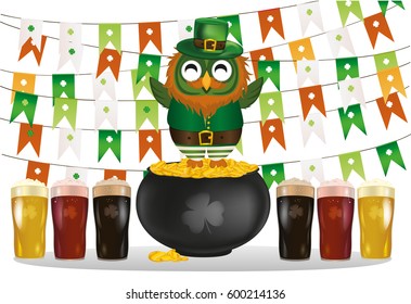 An owl in a national costume for a patrician's day stands on a pot of gold with a garland flags. Celebration of beer. Greeting card for the holiday with copy  space for text or ad. Invitation. Vector