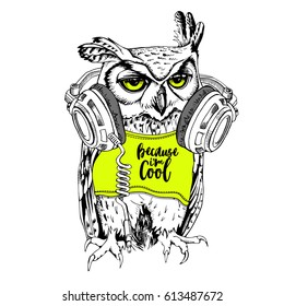 Owl in a neon yellow t-shirt and with a headphones. Vector illustration.