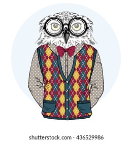 owl nerdy man, furry art illustration, fashion animals