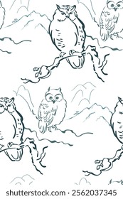 owl night birds mountain japanese chinese vector design seamless pattern