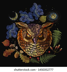 Owl and night forest. Magic embroidery, autumn fairy tale art. Fashion template for clothes, t-shirt design 