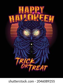 Versión de halloween de la noche de búho con dibujo a mano de ilustraciones de estilo retro