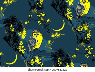 owl night vector japanese chinese nature ink illustration engraved sketch traditional textured seamless pattern colorful