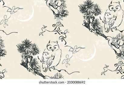 owl night vector japanese chinese nature ink illustration engraved sketch traditional textured seamless