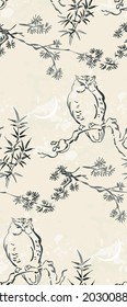 owl night vector japanese chinese nature ink illustration engraved sketch traditional textured seamless