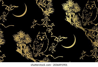 owl night vector japanese chinese nature ink illustration engraved sketch traditional textured seamless pattern black