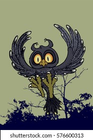 Owl in the night.Cute looking cartoon character.vector illustration