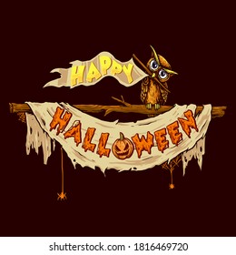 owl with old flag and ribbon banner for celebrate halloween suitable for halloween party poster