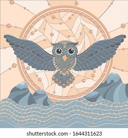 Owl on the background of a dream catcher and mountains.