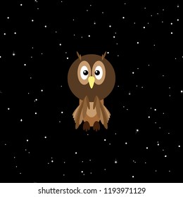 Owl on the background of the night sky. Vector illustration of a cartoon, fairytale owl. Funny owl.
