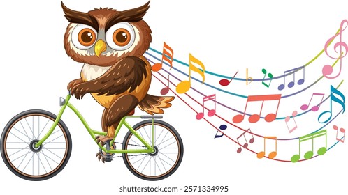 An owl on a bike surrounded by colorful notes