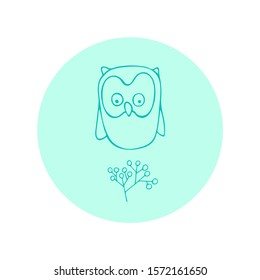 Owl on a blue mint round background hand-drawn, vector illustration, doodles, can be used as a logo or banner, nature, ecology, bird, plant. stock illustration