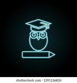 owl on the book with square academic cap icon in neon style. Simple thin line, outline vector of education icons for UI and UX, website or mobile application