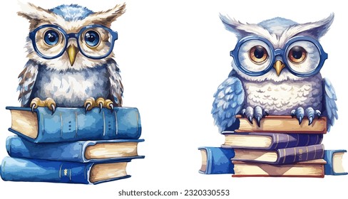 Owl on books clipart, isolated vector illustration.