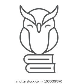 Owl on books thin line icon, e learning and education, knowledge sign vector graphics, a linear pattern on a white background, eps 10.