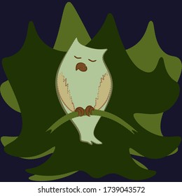 owl on a branch against the background of a forest doodle clipart for t-shirt and print.