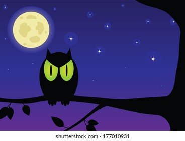 Owl on a branch against the night sky