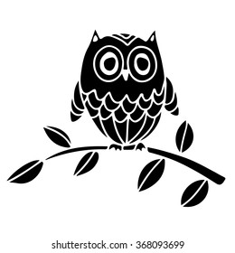 Owl on a branch black silhouette, hand drawn isolated on white background 