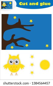 Owl on the branch cartoon, education game for the development of preschool children, use scissors and glue to create the applique, cut parts of the image and glue on the paper, vector illustration