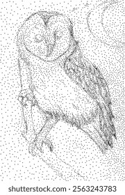 Owl on a branch created from dots, showcasing a modern and creative interpretation. Ideal for nature-themed designs, the dot art technique adds a unique and stylish flair to the image.