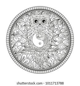Owl on the branch. Design Zentangle. Tattoo art. Yin and Yang. Abstract circle mandala. Print for t-shirts and textiles. Design for spiritual relaxation for adults. Zen art. Outline for tattoo