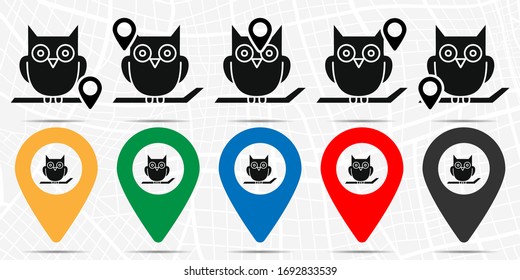 Owl on the branch icon in location set. Simple glyph, flat illustration element of halloween theme icons