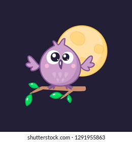 Owl  on the branch with leaves on the dark background with yellow moon. Cartoon bird emoji and sticker. Vector illustration. Kawaii style.
