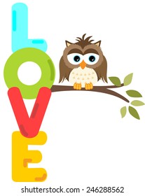 Owl on branch with love word letters