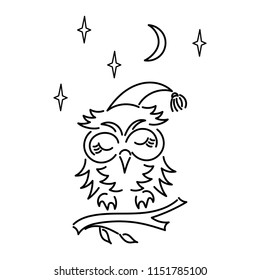 Owl on branch. Moon and stars.  Hand drawing .Vector illustration on white background.