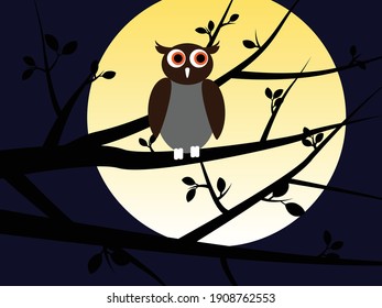 Owl on the branch. Night, moon. Vector illustration.