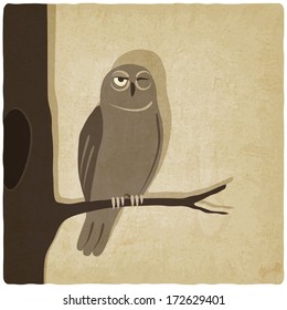 owl on branch old background - vector illustration