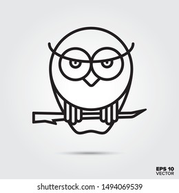 Owl on branch outline style icon. Fall season and halloween celebration symbol. Spooky cartoon vector illustration.