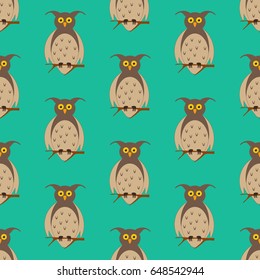 Owl on the branch pattern on the green background. Vector illustration