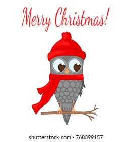 owl on the branch in the Santa Claus hat and scarf. postcard for the new year and Christmas. Isolated objects bird on white background. Template for text and congratulations