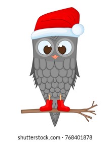 owl on the branch in the Santa Claus hat and scarf. postcard for the new year and Christmas. Isolated objects bird on white background. Template for text and congratulations