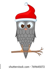 owl on the branch in the Santa Claus hat. postcard for the new year and Christmas. Isolated objects bird on white background. Template for text and congratulations